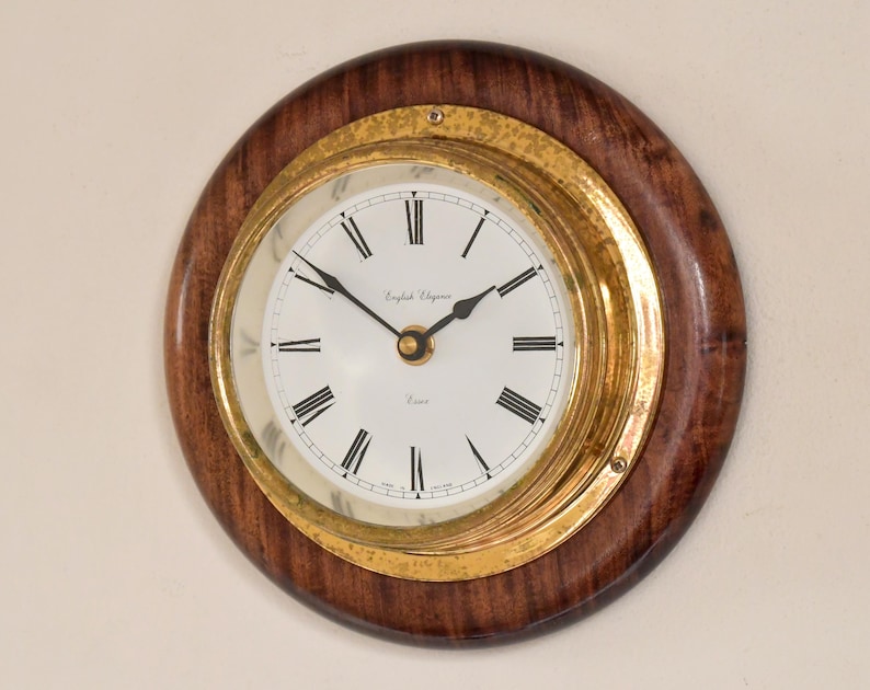 Brass Wall Clock English Style Wooden Base view 10
