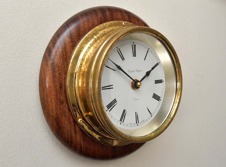 Brass Wall Clock English Style Wooden Base view 13