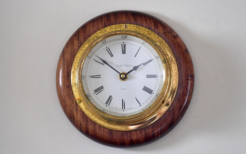 Brass Wall Clock English Style Wooden Base view 15