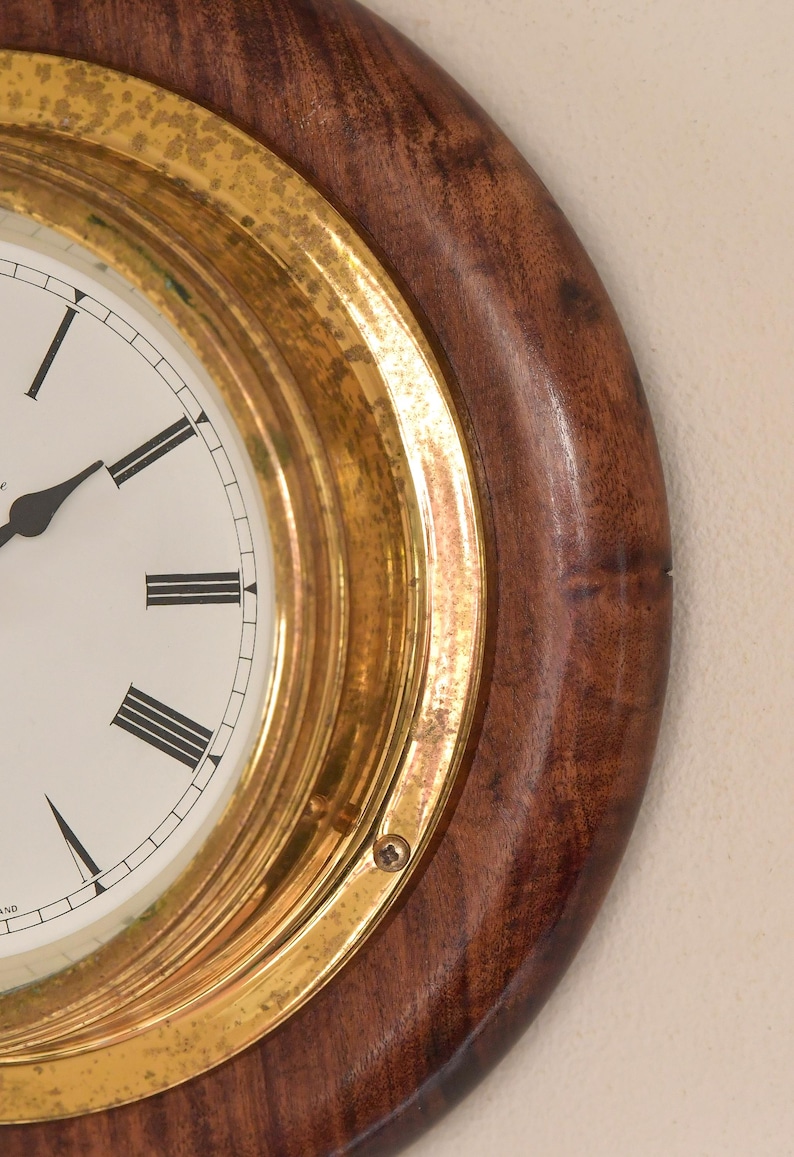 Brass Wall Clock English Style Wooden Base view 18