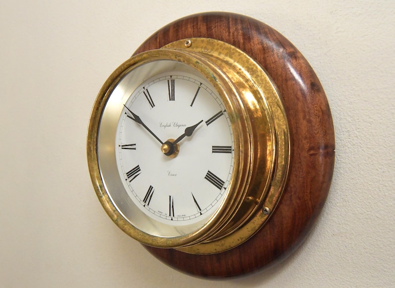 Brass Wall Clock English Style Wooden Base view 21