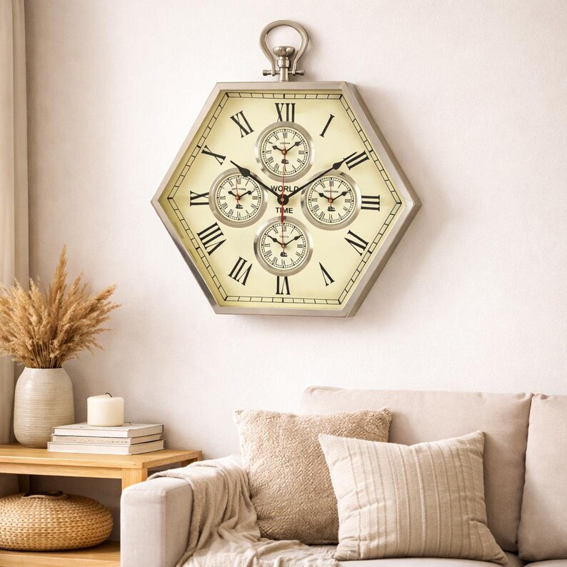 Hexagonal World Time Zone Wall Clock view 3