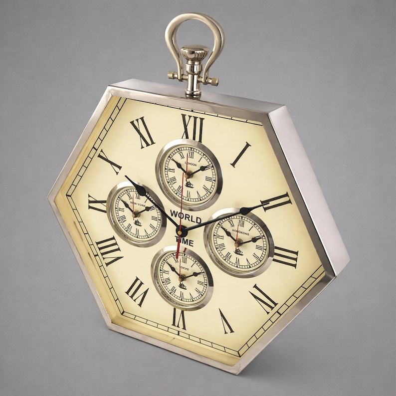 Hexagonal World Time Zone Wall Clock view 7