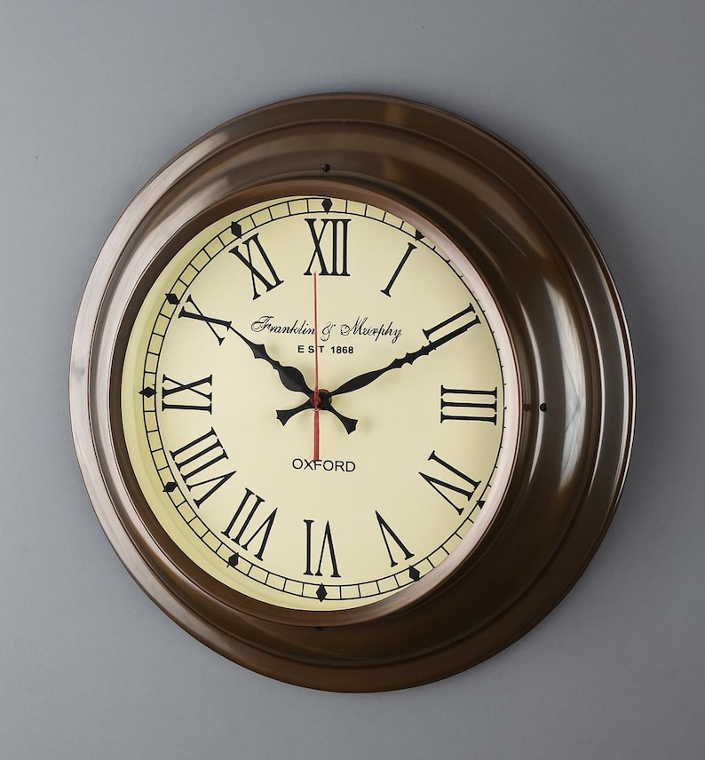 Large Silent Brass Wall Clock Roman Numeral view 2