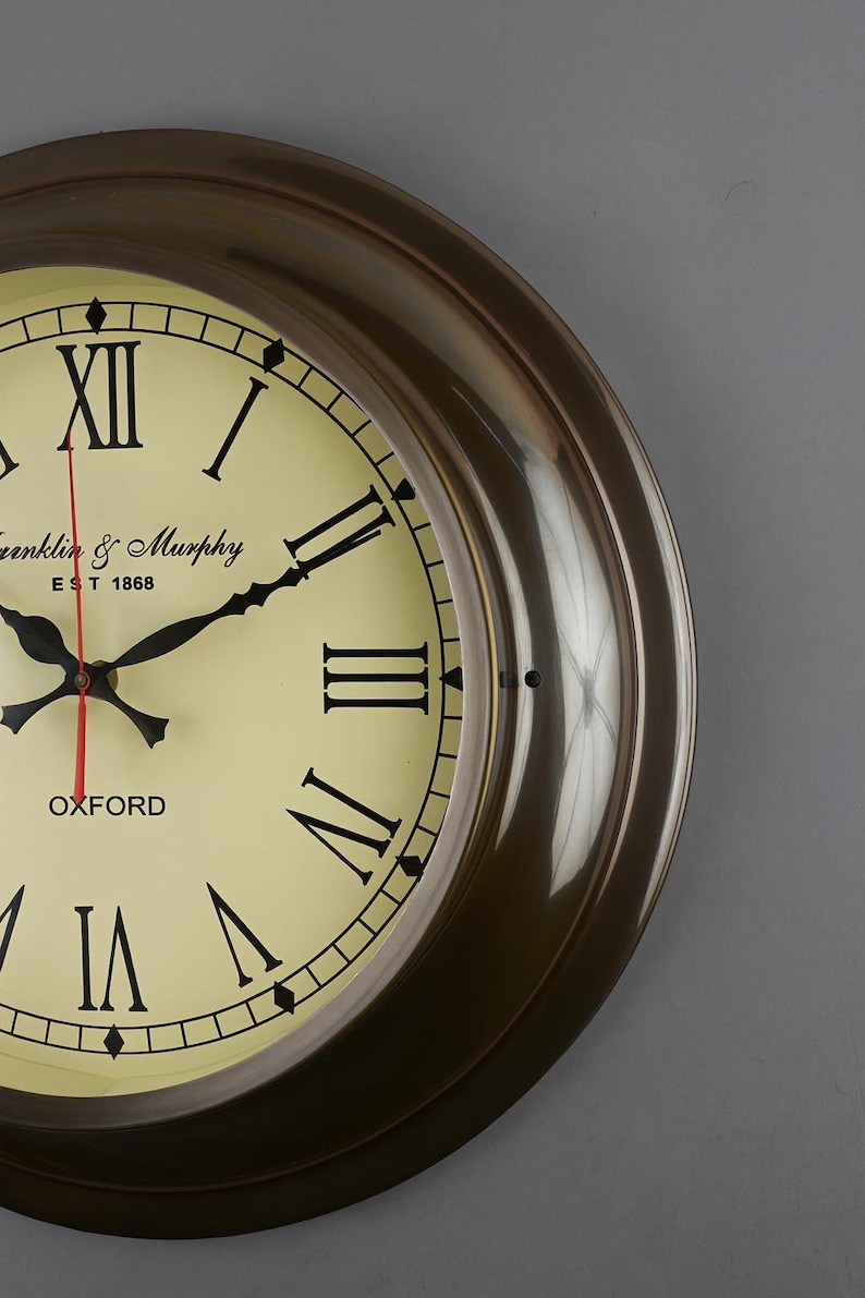 Large Silent Brass Wall Clock Roman Numeral view 3