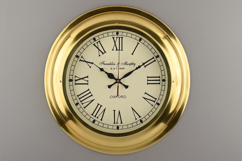 Large Silent Brass Wall Clock Roman Numeral view 4