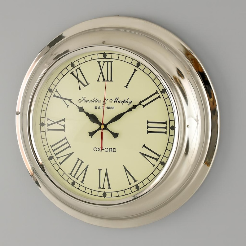 Large Silent Brass Wall Clock Roman Numeral view 8