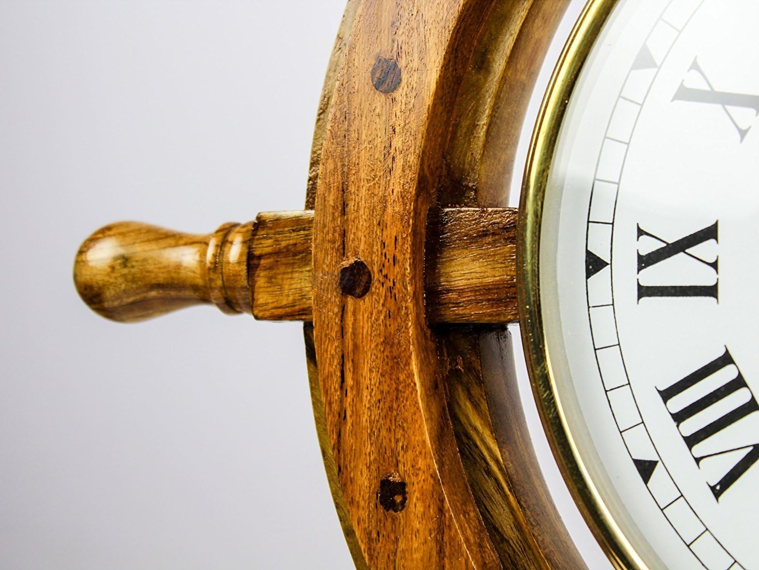 Rosewood Ship Wheel Wall Clock Brass Clock Face view 2