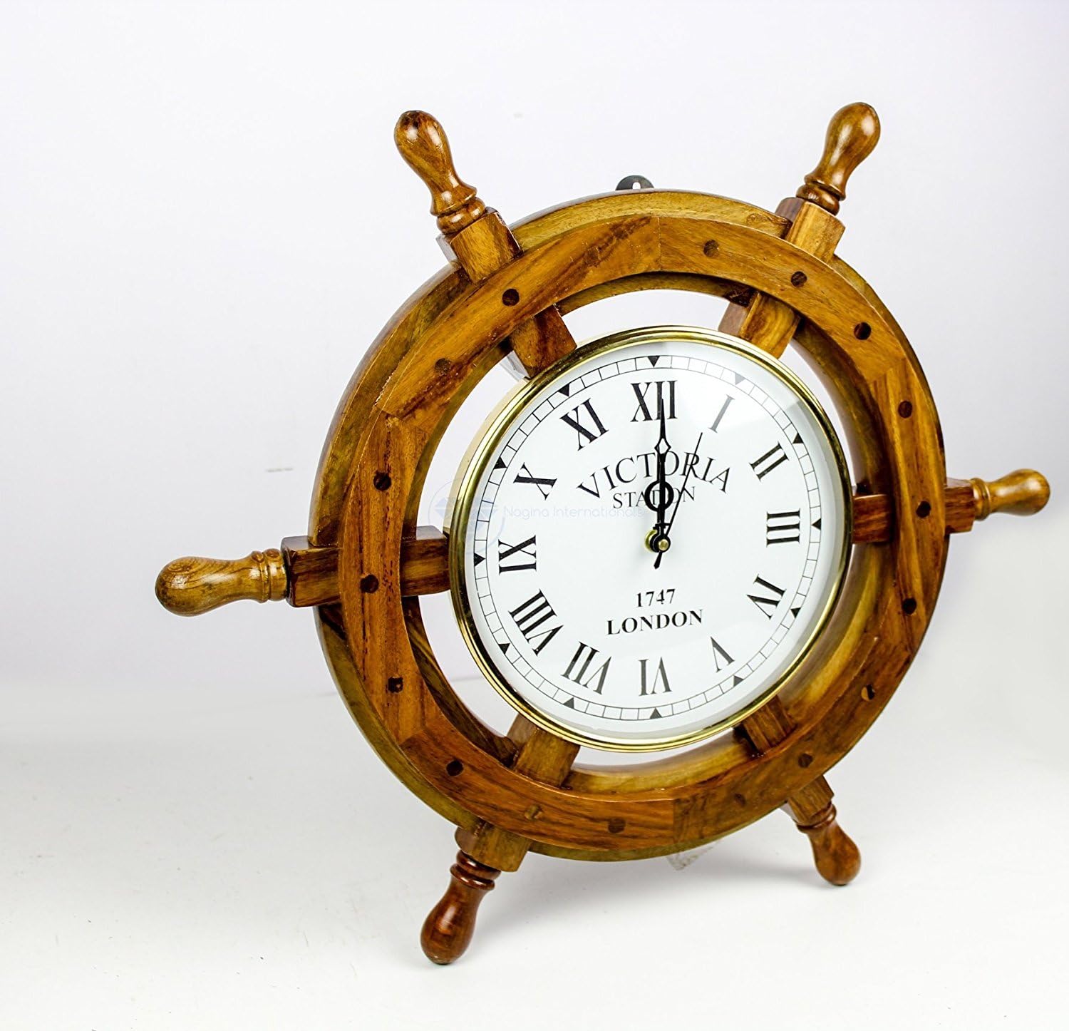 Rosewood Ship Wheel Wall Clock Brass Clock Face view 5