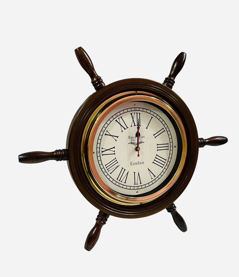 Dark Wood Ship Wheel Wall Clock Brass Clock Face view 2