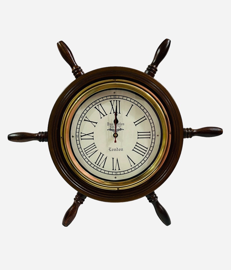 Dark Wood Ship Wheel Wall Clock Brass Clock Face view 3