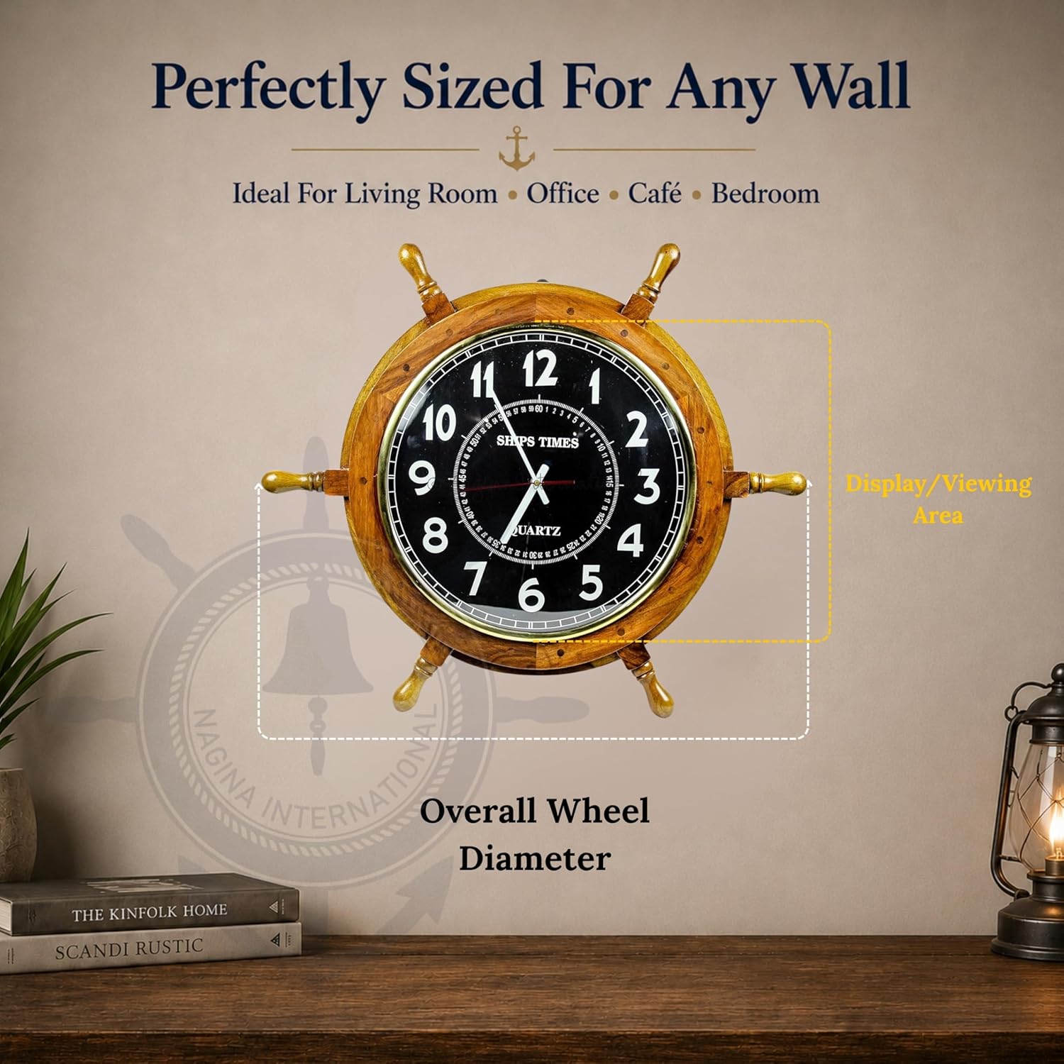 Sheesham Wood Ship Wheel Clock Brass Clock Face view 4