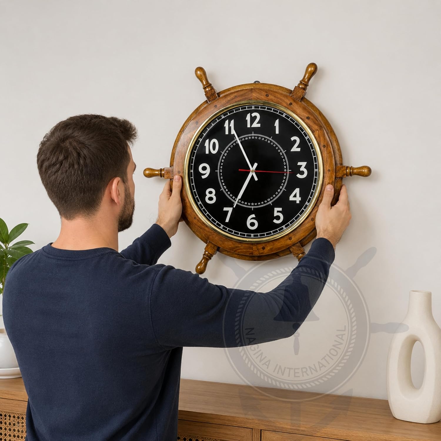 Sheesham Wood Ship Wheel Clock Brass Clock Face view 5