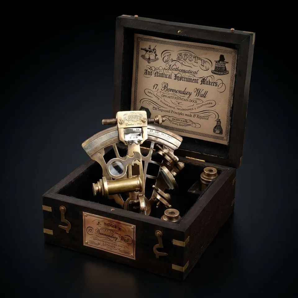 Antique Brass Sextant with Black Wooden Box