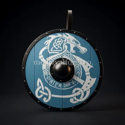 Viking Round Shield with Blue Dragon Design Wood with Metal Boss view 1