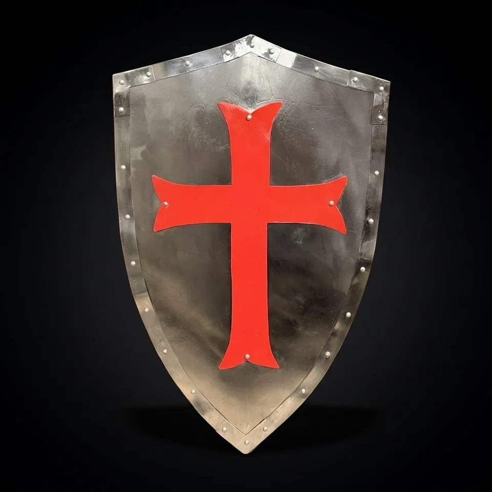 Red Cross Crusader Shield with Steel Battle Knight Heater