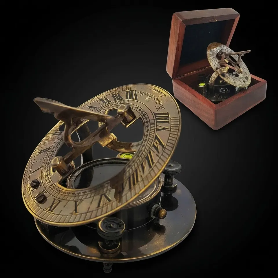 Antique Brass Sundial Compass with Wooden Box