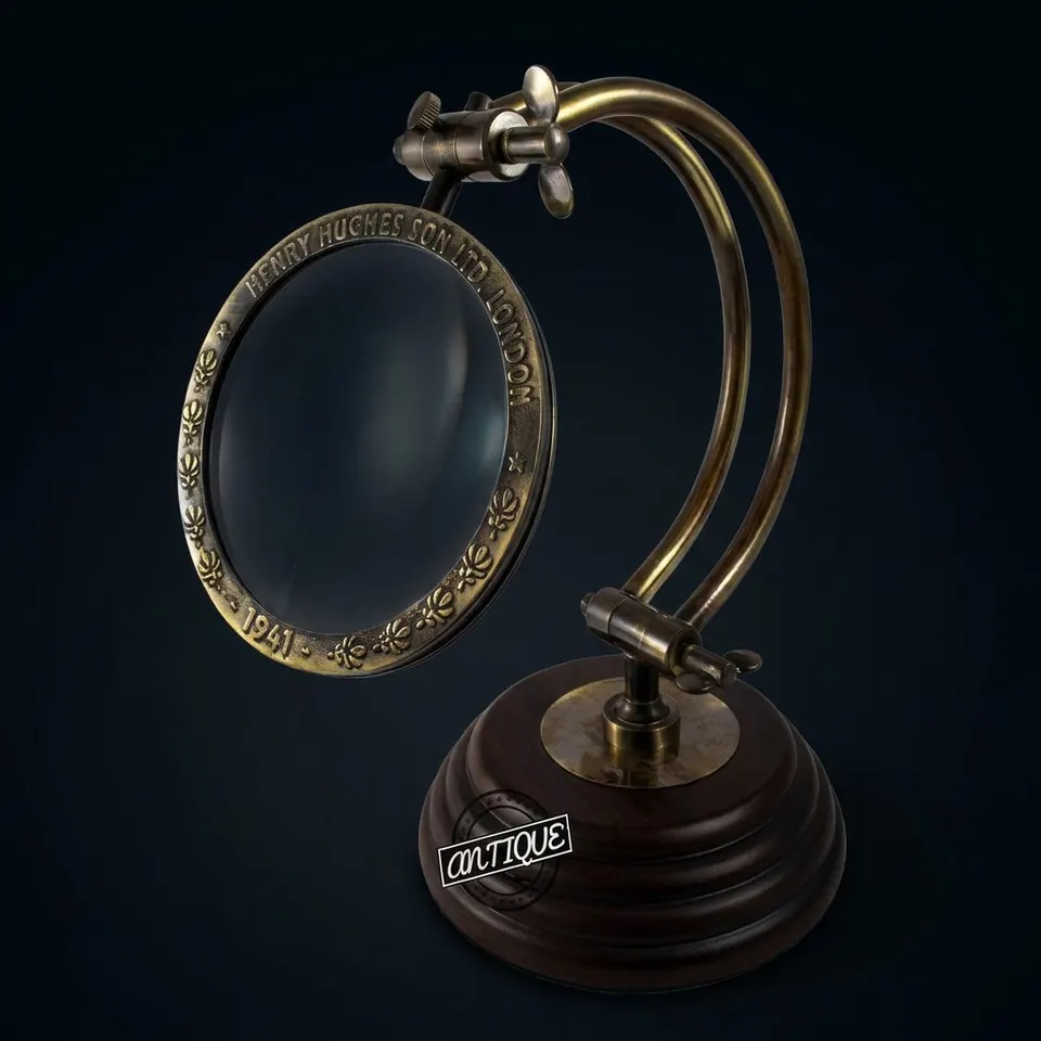 All-Brass Magnifier 4" on Adjustable Wooden Base — Henry Hughes and Sons Ltd London