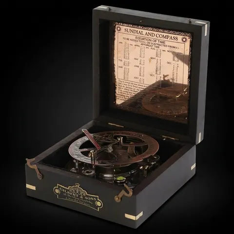 Black Antique Brass Sundial Compass with Black Wooden Presentation Box view 1