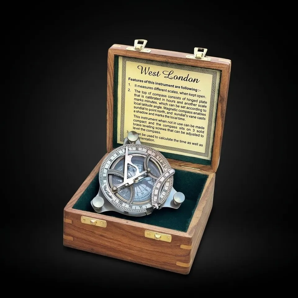 Antique Brass Sundial Compass with Rosewood Presentation Box