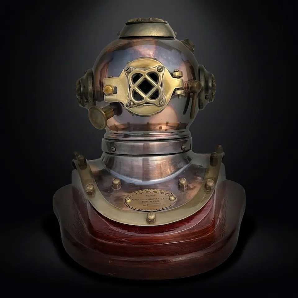 Antique Brass Diving Helmet Miniature with Wooden Base
