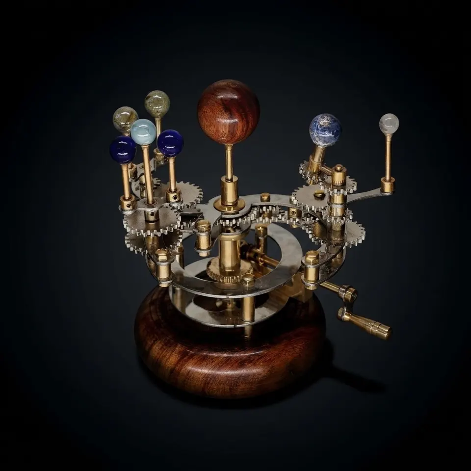 Brass Solar System Orrery, Hardwood Base