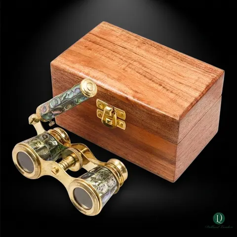 Brass Opera Glasses with Wooden Box — Abalone Inlay view 1