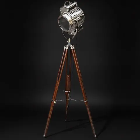 Chrome Spotlight on Wooden Tripod view 1