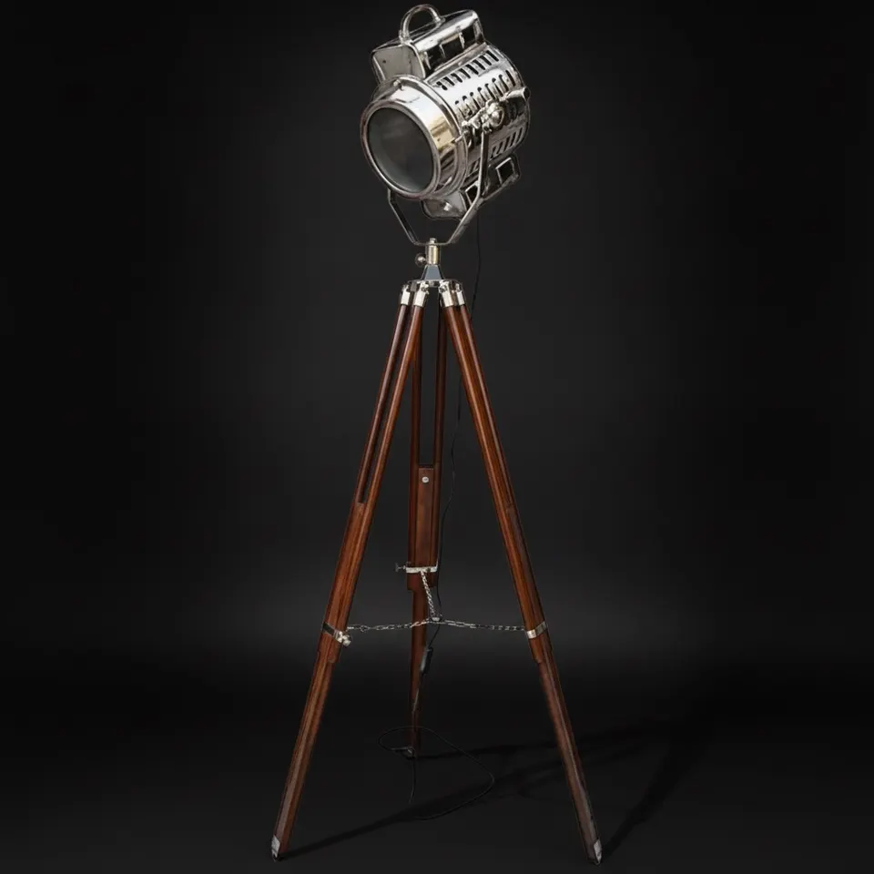 Chrome Spotlight on Wooden Tripod