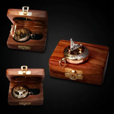 Polished Brass Sundial Compass with Fitted Wooden Presentation Box view 1