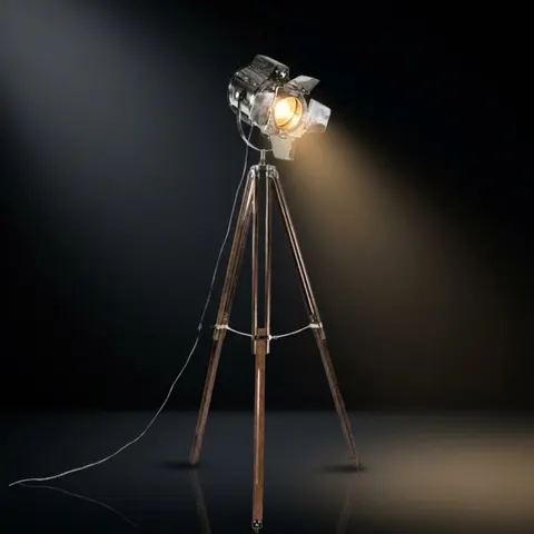 Chrome Spotlight on Wooden Tripod view 1