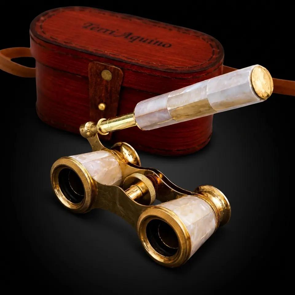 Brass Opera Glasses with Red Leather Case — Pearl Inlay Variant