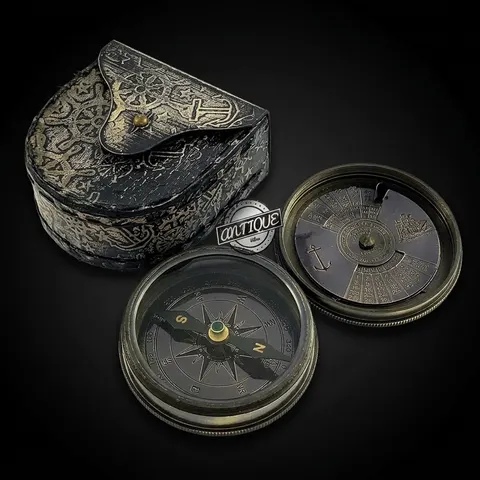 Black Antique Finish Compass, Leather Case view 1