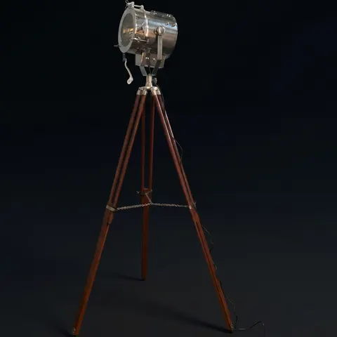 Chrome Spotlight on Wooden Tripod view 1