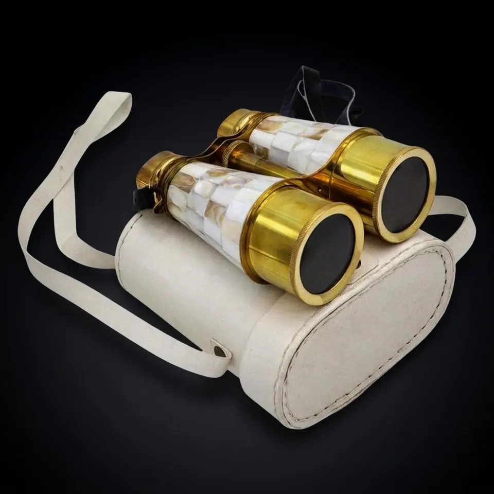 Mother-of-Pearl Brass Binocular with White Leather Case