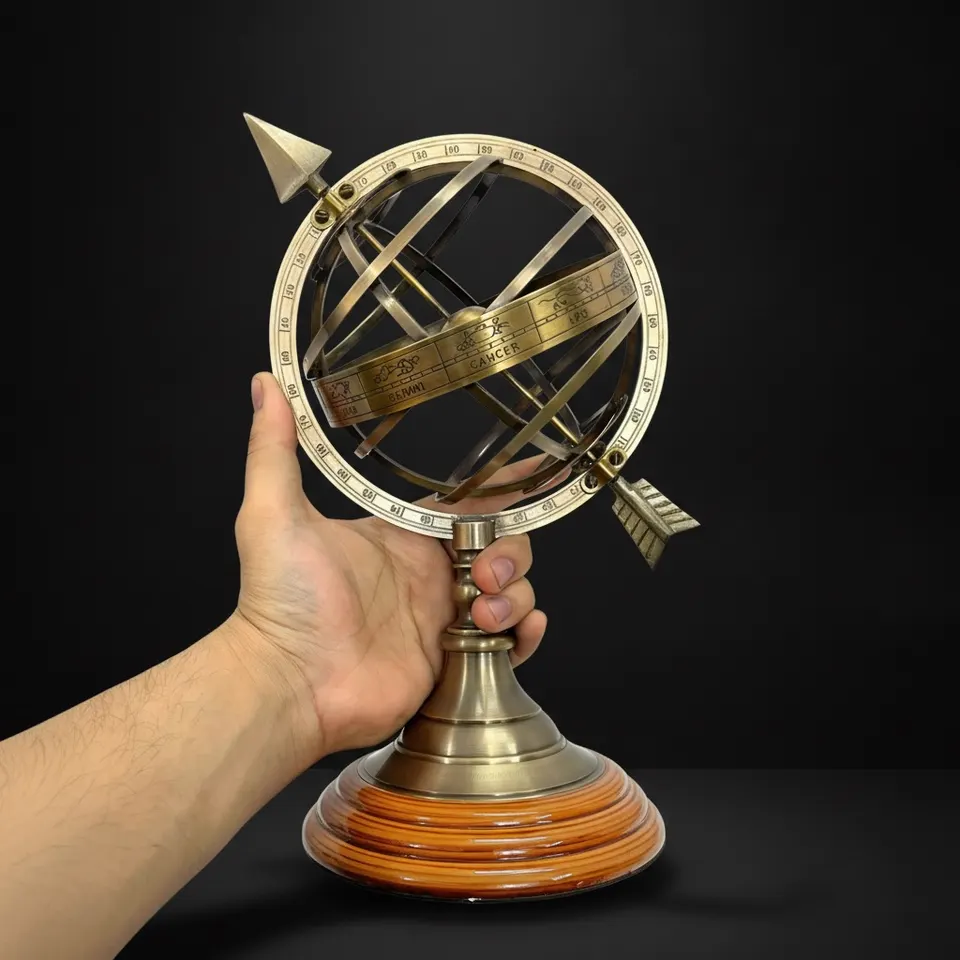 Handcrafted Brass Armillary Sphere Globe with Arrow on Rosewood Base