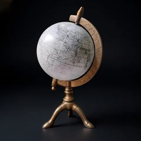 All-White Globe with Antique Brass Three-Legged Stand and Meridian Ring view 1