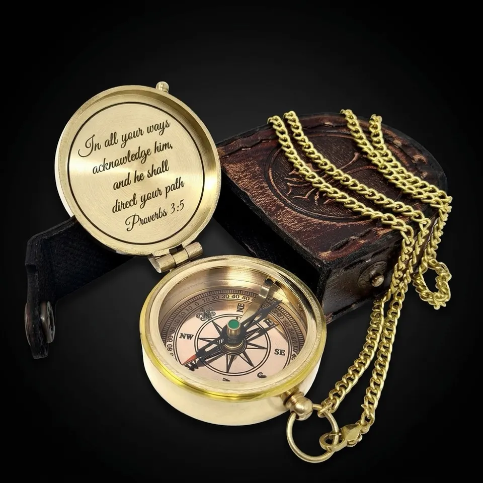 Polished Brass Compass, Leather Case