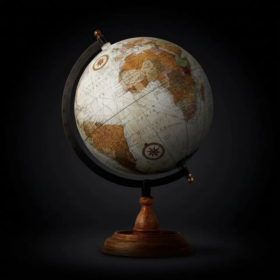 Solid Brass Desk Globe with Black Meridian Ring and Rosewood Base