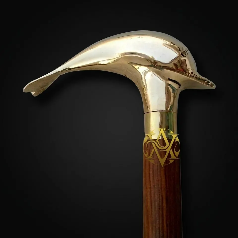 Polished Brass Dolphin Handle Rosewood Walking Stick
