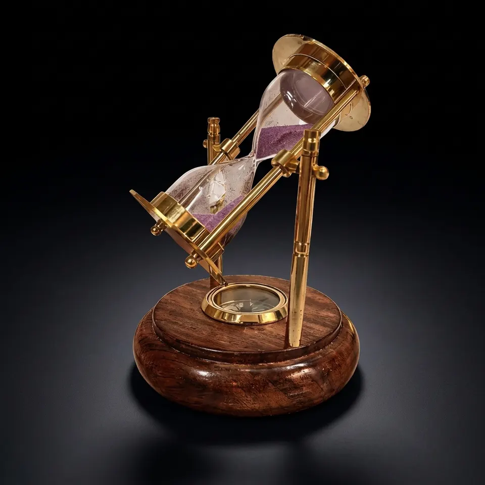 Rotating Brass Hourglass with Wooden Base and Compass, 2-Minute, Pink Sand