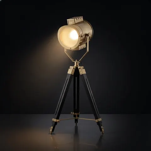 Chrome Spotlight on Black Wooden Tripod view 1