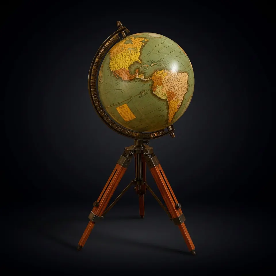 Vintage Globe with Green Map on Polished Wooden Tripod Stand