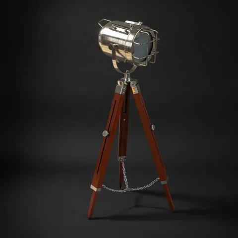 Chrome Spotlight on Wooden Tripod view 1