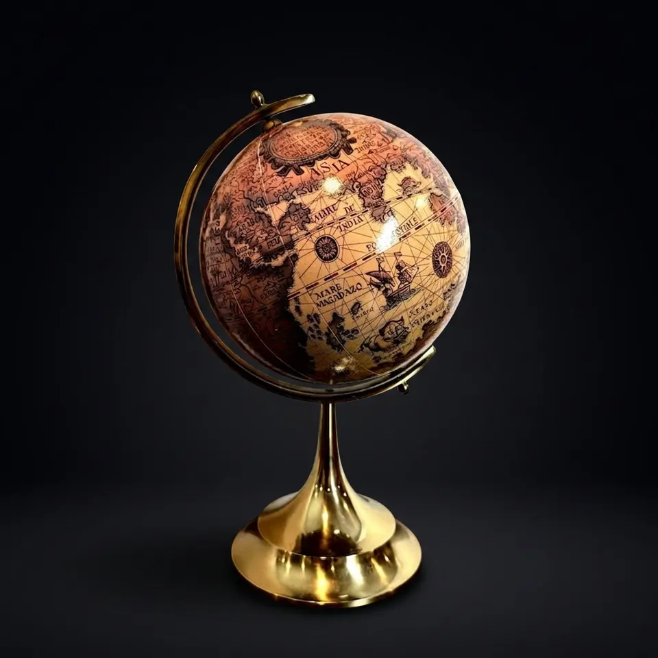 Vintage Polished Brass Globe with Historical World Map