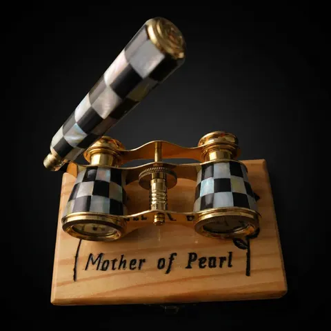 Brass Opera Glasses with Wooden Box — Black and White Mother of Pearl view 1