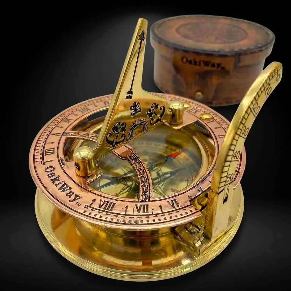 Antique Brass Sundial Compass with Leather Case