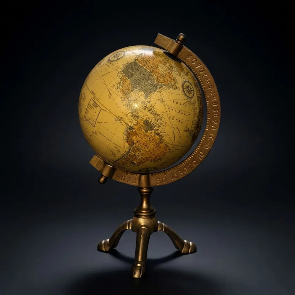 Antique Brass Educational Desk Globe with Three-Legged Brass Stand