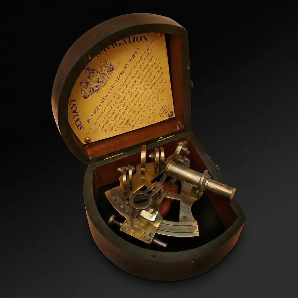 Antique Brass Sextant with Triangular Wooden Box