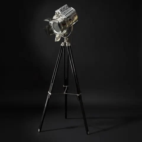 Chrome Spotlight on Black Wooden Tripod view 1